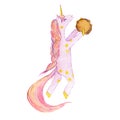 Watercolor illustration of a cute pink unicorn dancing with a tambourine.