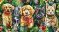 watercolor illustration of a cute puppy, kitten, and two mice surrounded by whimsical flowers and foliage