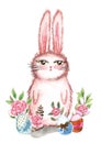 Watercolor illustration with cute rabbit, flowers and easter eggs