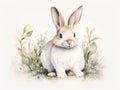 Watercolor illustration of a cute rabbit sitting in the grass, isolated on white background Generative AI Royalty Free Stock Photo