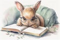 Watercolor illustration of cute sleepy bunny wearing glasses, reading in bed