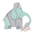 Watercolor illustration of Cute sleepy elephant for cute postcard