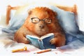 Watercolor illustration of cute sleepy wombat wearing glasses, reading in bed