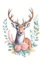 watercolor illustration of cute stag in a wreath of pastel flowers