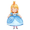 Watercolor illustration of a cute surprised little princess in a blue dress. Little blond girl illustration. Isolated on Royalty Free Stock Photo