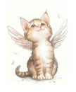 Watercolor illustration of a cute tabby gray kitten with angel wings.