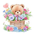 Watercolor illustration cute teddy bear in basket, decorated sweet flowers, roses, heart Royalty Free Stock Photo