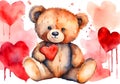 Watercolor illustration of a cute teddy bear in love with big red heart. Royalty Free Stock Photo