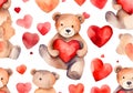 Watercolor illustration of a cute teddy bear in love with big red heart. Royalty Free Stock Photo