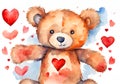 Watercolor illustration of a cute teddy bear in love with big red heart. Royalty Free Stock Photo