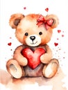 Watercolor illustration of a cute teddy bear in love with big red heart. Royalty Free Stock Photo