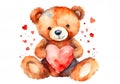 Watercolor illustration of a cute teddy bear in love with big red heart. Royalty Free Stock Photo