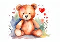 Watercolor illustration of a cute teddy bear in love with big red heart. Royalty Free Stock Photo