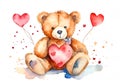 Watercolor illustration of a cute teddy bear in love with big red heart. Royalty Free Stock Photo