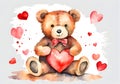 Watercolor illustration of a cute teddy bear in love with big red heart. Royalty Free Stock Photo