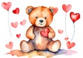 Watercolor illustration of a cute teddy bear in love with big red heart. Royalty Free Stock Photo