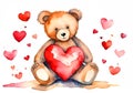 Watercolor illustration of a cute teddy bear in love with big red heart. Royalty Free Stock Photo