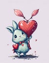 Watercolor illustration of cute white bunny who holds balloon of form heart. Generative AI. Easter Royalty Free Stock Photo