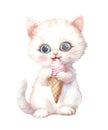 Watercolor illustration of a cute white kitten eating ice cream. Royalty Free Stock Photo