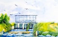 Watercolor illustration of a dam with a bridge. Over the bridge flying birds gulls