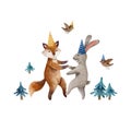 Watercolor illustration with dancing fox and rabbit in birthday caps and birds