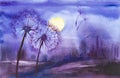 Watercolor illustration of dandelion and their parachutes on the background of a beautiful romantic sunset