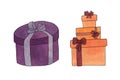 Dark lilac oval gift box and three orange gift boxes with bows