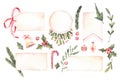 Watercolor illustration. Decorative christmas labels with floral