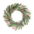 Watercolor illustration. Decorative christmas laurel wreath. Per Royalty Free Stock Photo