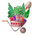 Watercolor illustration decorative garden wheelbarrow with seedlings, flowers and tools, shovel, watering can, gardening Royalty Free Stock Photo