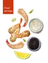 Watercolor illustration of Deep fried shrimp platter . Hand painted frite seafood with two sauce bowls and lime segment, isolated