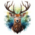 watercolor illustration of a deer head with antlers on a white background Royalty Free Stock Photo