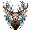 watercolor illustration of a deer head with flowers and leaves on a white background Royalty Free Stock Photo