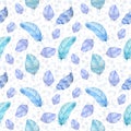Watercolor illustration, delicate banner, seamless pattern, blue feathers on a white background