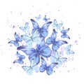 Watercolor illustration with delicate butterflies are blue, flying in the circle with splash. For the design and