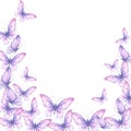 Watercolor illustration with delicate butterflies are pink, purple flying in the stream. For the design and decoration