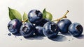 Watercolor illustration of delicious blueberries, close up view, fruit background