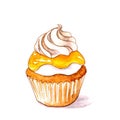 A lemon cupcake with frosting watercolor illustration