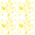 Watercolor illustration with a dense pattern of the yellow moon, its phases and stars. isolate on a white background. Royalty Free Stock Photo