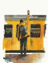 A watercolor illustration depicts a person saying farewell to a yellow train. The painting evokes the transient nature