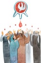 Watercolor illustration Descent of the Holy Spirit on the Apostles, Holy Trinity Day, Pentecost, whitsunday