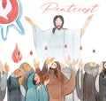 Watercolor illustration Descent of the Holy Spirit on the Apostles, Holy Trinity Day, Pentecost, whitsunday