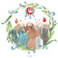 Pentecost watercolor illustration. Prayer of the apostles of men and women, the Holy Spirit in the form of a dove in a flowers