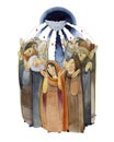 Watercolor illustration Descent of the Holy Spirit on the Apostles, Holy Trinity Day, Pentecost, whitsunday. Praying men and women