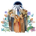 Watercolor illustration Descent of the Holy Spirit on the Apostles, Holy Trinity Day, Pentecost, whitsunday. Praying men and women