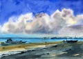 Watercolor illustration of a deserted sandy beach with fishing boats Royalty Free Stock Photo