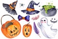 Watercolor illustration different fantasy Halloween elements set