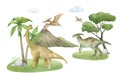 Watercolor illustration of a dinosaur diplodocus, parasaurolophus and pterodactyl on green grass with palm trees Royalty Free Stock Photo