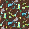 Watercolor illustration of dinosaurs, pattern.