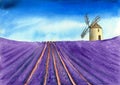 Watercolor illustration of a distant windmill on the lavender field Royalty Free Stock Photo